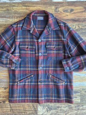 Vintage'70s Pendleton Made in USA Wool Plaid Shirt Jacket Shacket Button Pocket